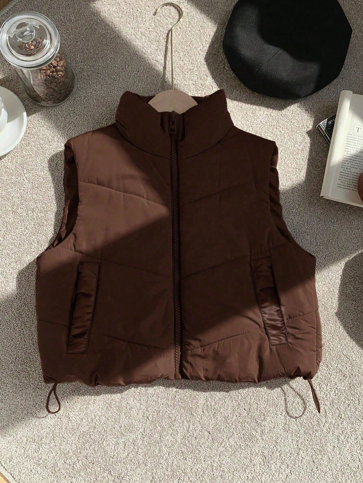Comfortcana Plus Size Casual Stand Collar Black Padded Vest In Fall/Winter