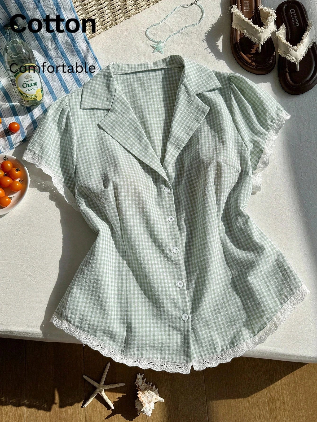 Comfortcana Plus Size Women Plaid Lace Patchwork Single-Breasted Casual 90s Versatile Daily Wear Shirt, Summer Tops Vacation Sage Green