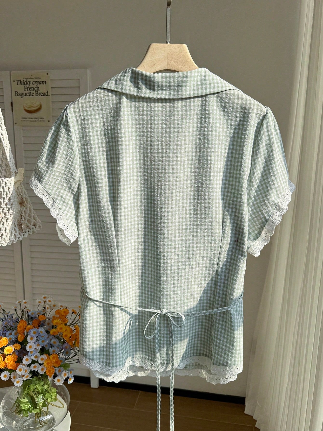 Comfortcana Plus Size Women Plaid Lace Patchwork Single-Breasted Casual 90s Versatile Daily Wear Shirt, Summer Tops Vacation Sage Green
