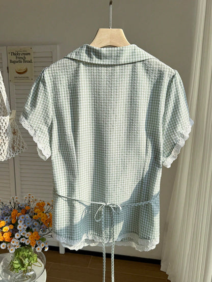 Comfortcana Plus Size Women Plaid Lace Patchwork Single-Breasted Casual 90s Versatile Daily Wear Shirt, Summer Tops Vacation Sage Green
