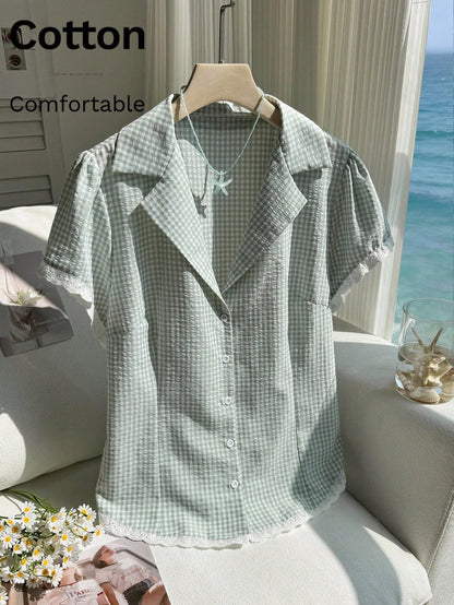Comfortcana Plus Size Women Plaid Lace Patchwork Single-Breasted Casual 90s Versatile Daily Wear Shirt, Summer Tops Vacation Sage Green