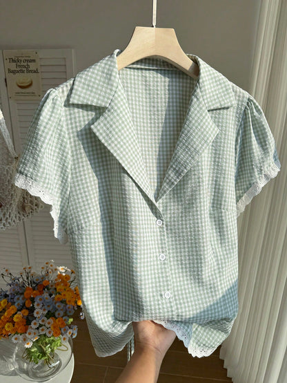 Comfortcana Plus Size Women Plaid Lace Patchwork Single-Breasted Casual 90s Versatile Daily Wear Shirt, Summer Tops Vacation Sage Green