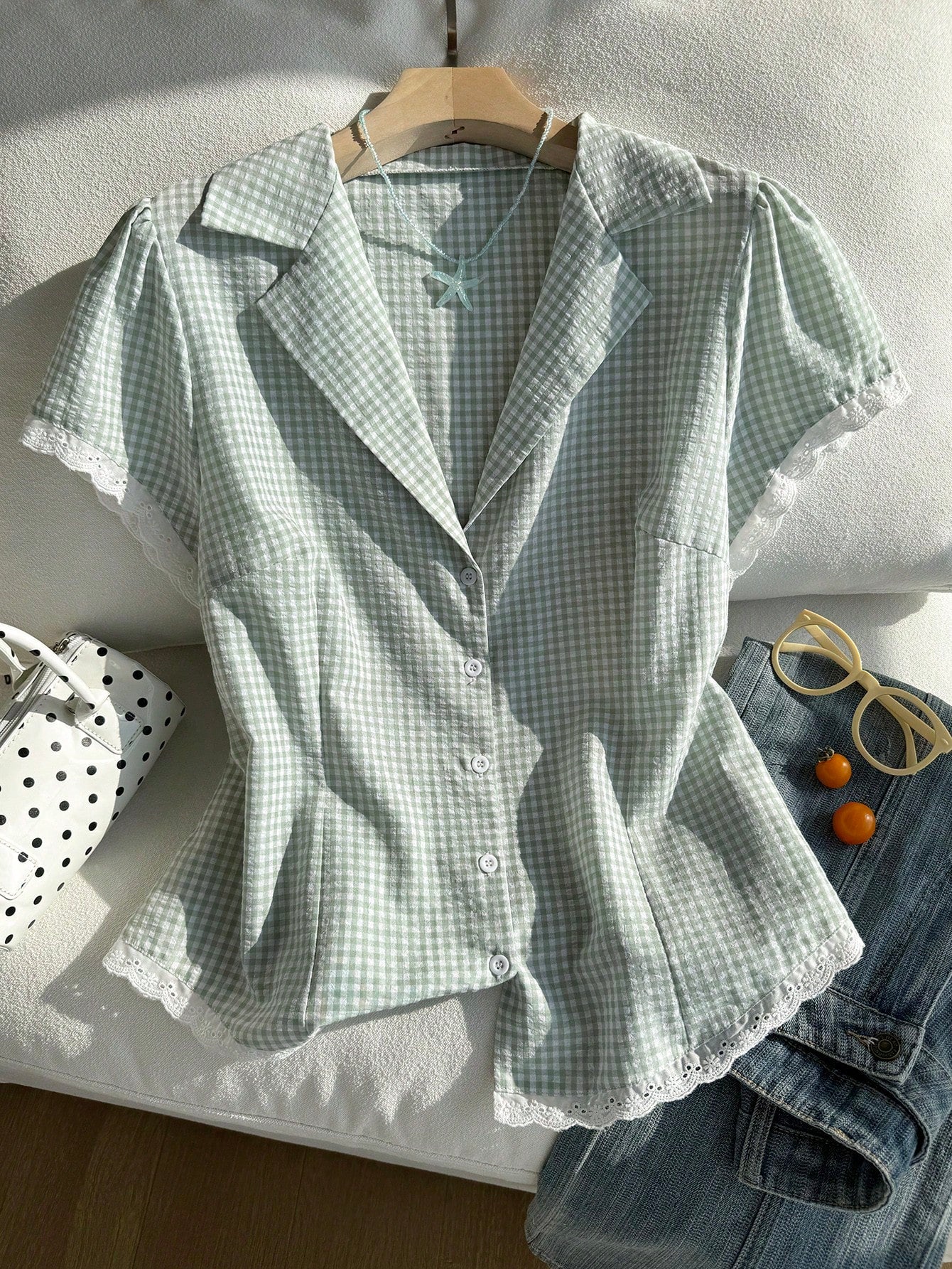 Comfortcana Plus Size Women Plaid Lace Patchwork Single-Breasted Casual 90s Versatile Daily Wear Shirt, Summer Tops Vacation Sage Green