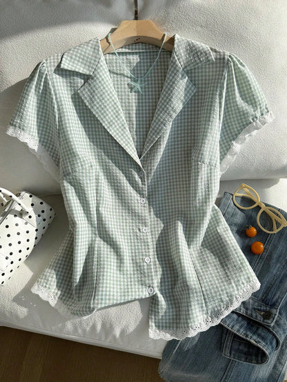 Comfortcana Plus Size Women Plaid Lace Patchwork Single-Breasted Casual 90s Versatile Daily Wear Shirt, Summer Tops Vacation Sage Green