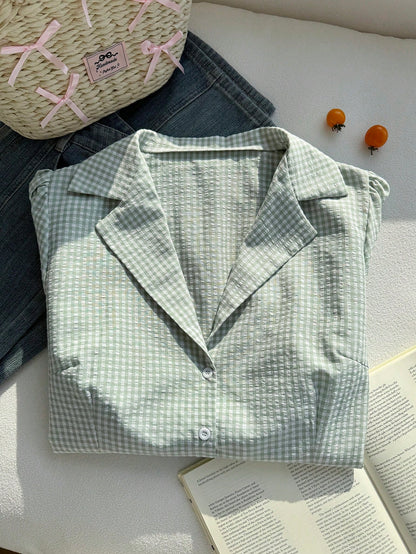 Comfortcana Plus Size Women Plaid Lace Patchwork Single-Breasted Casual 90s Versatile Daily Wear Shirt, Summer Tops Vacation Sage Green