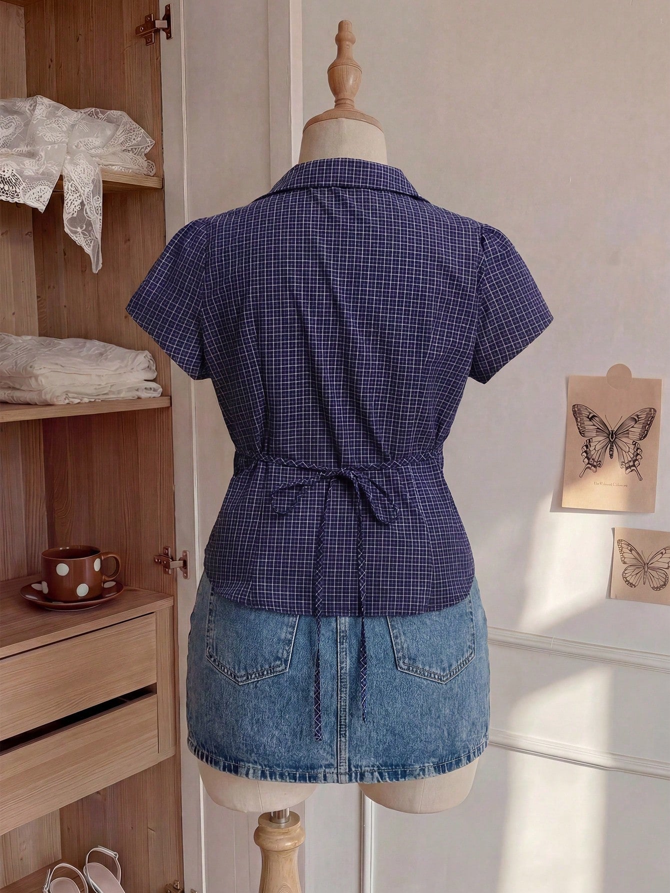 Comfortcana Plus Size Women's Summer Casual 2000s 90s Office Graduation Party Dinner Commute Plaid Print Lapel Petal Sleeve Fitted Shirt Back-To-School Navy Blue