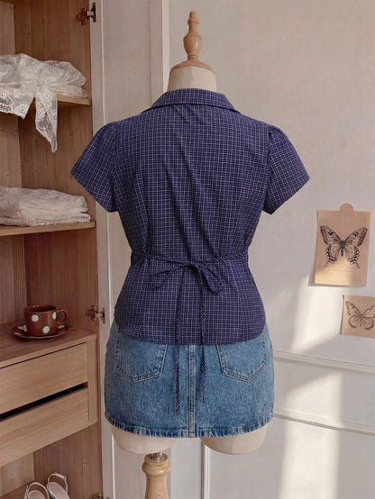 Comfortcana Plus Size Women's Summer Casual 2000s 90s Office Graduation Party Dinner Commute Plaid Print Lapel Petal Sleeve Fitted Shirt Back-To-School Navy Blue