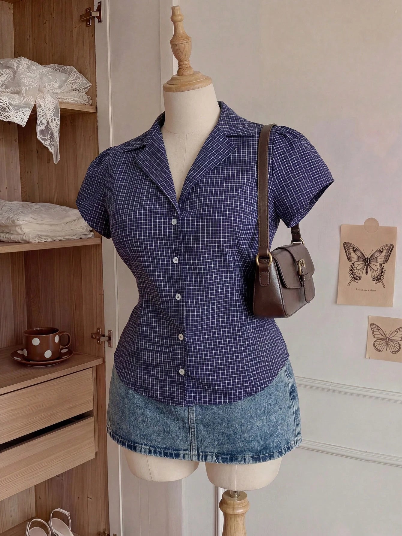 Comfortcana Plus Size Women's Summer Casual 2000s 90s Office Graduation Party Dinner Commute Plaid Print Lapel Petal Sleeve Fitted Shirt Back-To-School Navy Blue