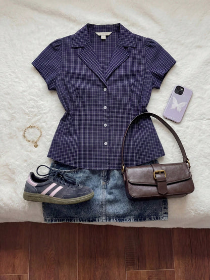 Comfortcana Plus Size Women's Summer Casual 2000s 90s Office Graduation Party Dinner Commute Plaid Print Lapel Petal Sleeve Fitted Shirt Back-To-School Navy Blue
