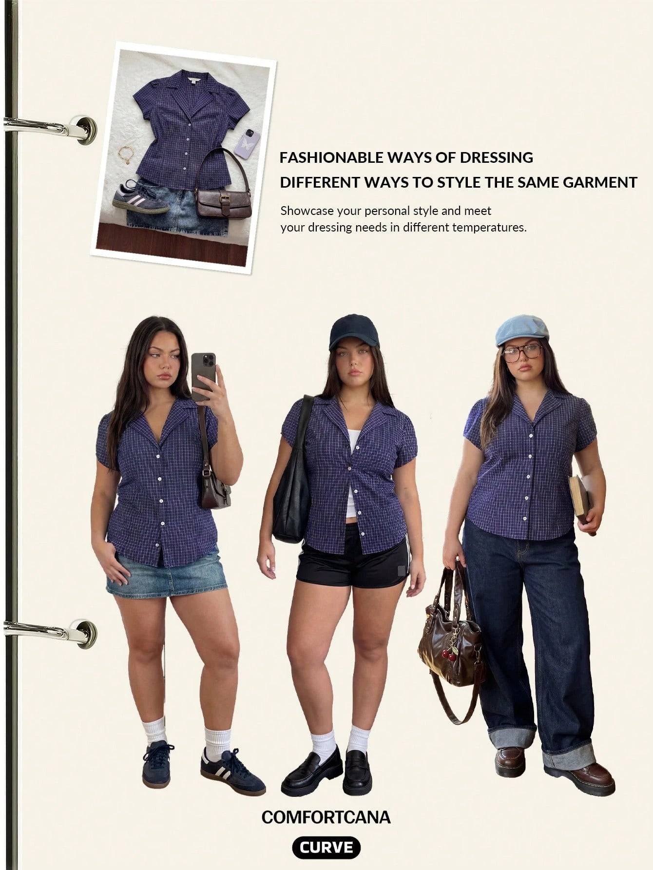 Comfortcana Plus Size Women's Summer Casual 2000s 90s Office Graduation Party Dinner Commute Plaid Print Lapel Petal Sleeve Fitted Shirt Back-To-School Navy Blue
