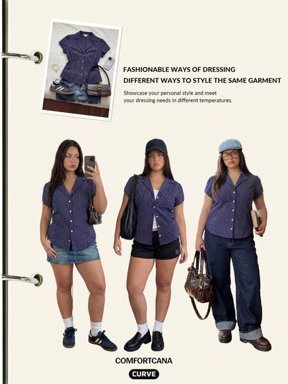 Comfortcana Plus Size Women's Summer Casual 2000s 90s Office Graduation Party Dinner Commute Plaid Print Lapel Petal Sleeve Fitted Shirt Back-To-School Navy Blue