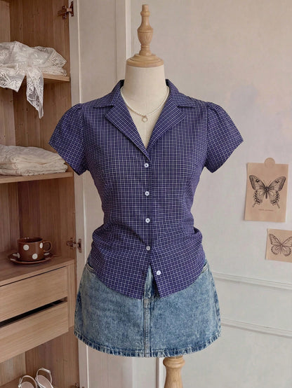 Comfortcana Plus Size Women's Summer Casual 2000s 90s Office Graduation Party Dinner Commute Plaid Print Lapel Petal Sleeve Fitted Shirt Back-To-School Navy Blue