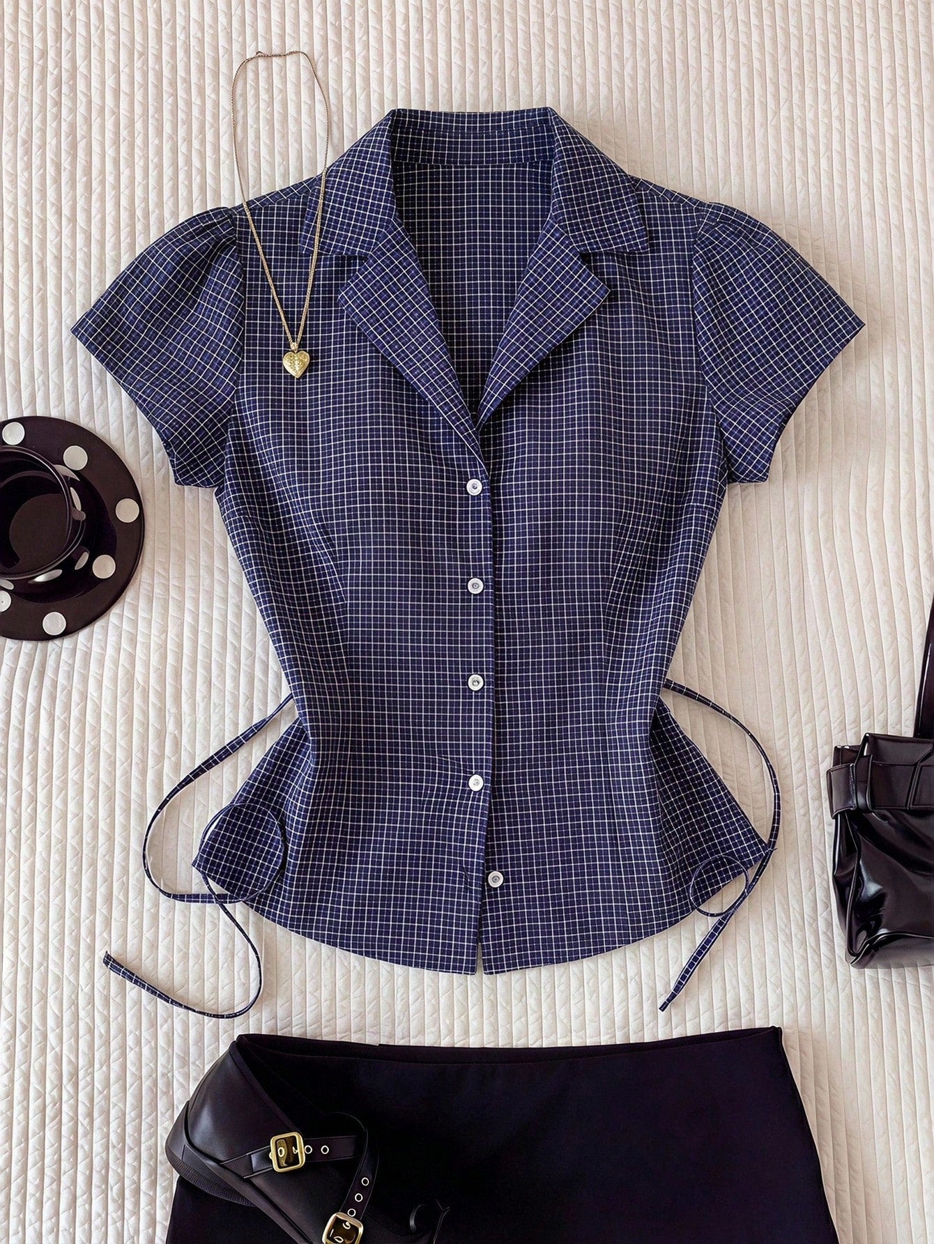 Comfortcana Plus Size Women's Summer Casual 2000s 90s Office Graduation Party Dinner Commute Plaid Print Lapel Petal Sleeve Fitted Shirt Back-To-School Navy Blue
