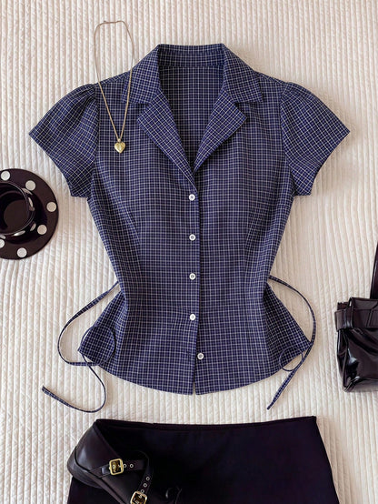 Comfortcana Plus Size Women's Summer Casual 2000s 90s Office Graduation Party Dinner Commute Plaid Print Lapel Petal Sleeve Fitted Shirt Back-To-School Navy Blue