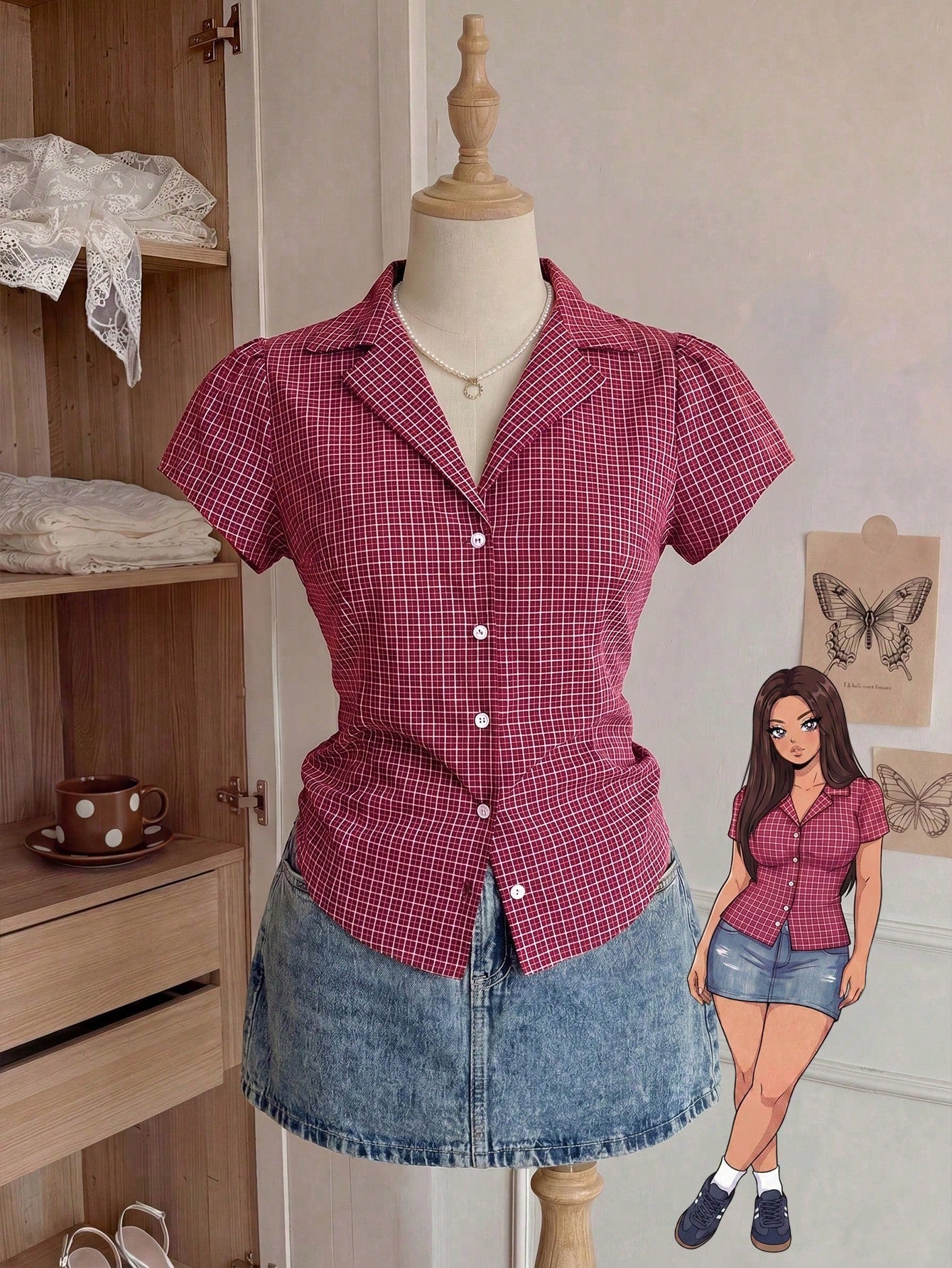 Comfortcana Plus Size Women's Summer Casual 2000s 90s Office Graduation Party Dinner Commute Plaid Print Lapel Petal Sleeve Fitted Shirt Back-To-School Navy Blue