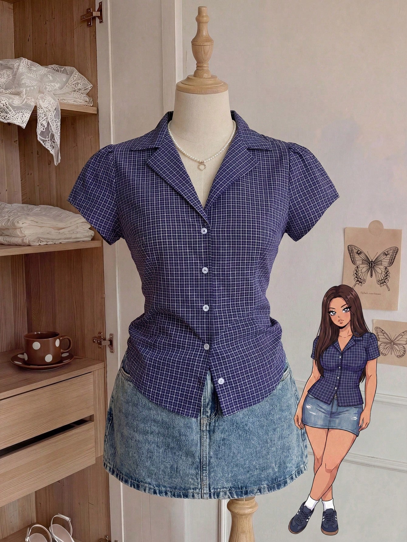 Comfortcana Plus Size Women's Summer Casual 2000s 90s Office Graduation Party Dinner Commute Plaid Print Lapel Petal Sleeve Fitted Shirt Back-To-School Navy Blue