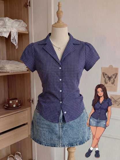 Comfortcana Plus Size Women's Summer Casual 2000s 90s Office Graduation Party Dinner Commute Plaid Print Lapel Petal Sleeve Fitted Shirt Back-To-School Navy Blue