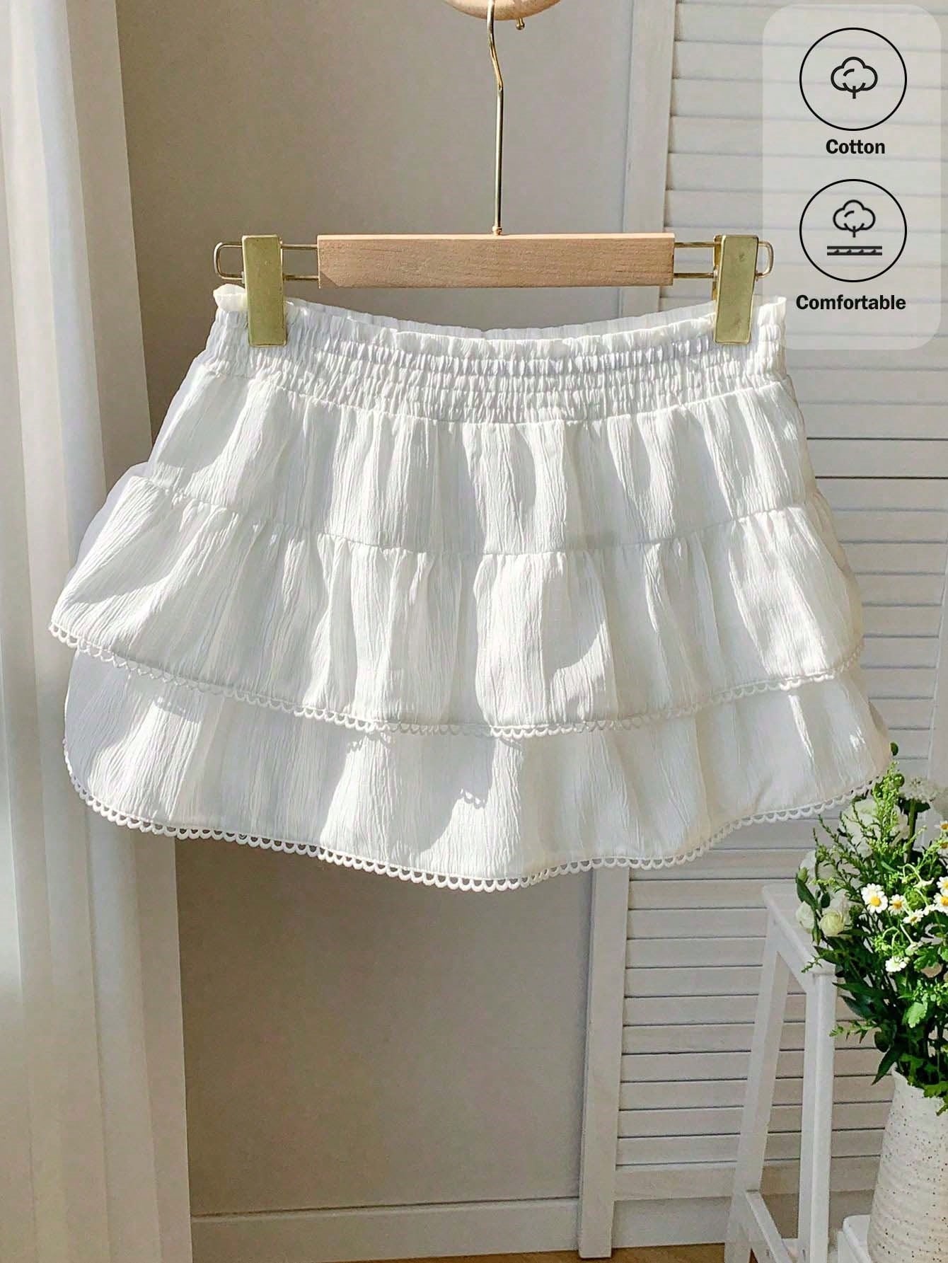 Comfortcana Skorts For Women Country Concert White Woven Women Elastic Waist Ruffle Hem A-Line Skirt Back-To-School Date Work School Autumn Fairy Cute