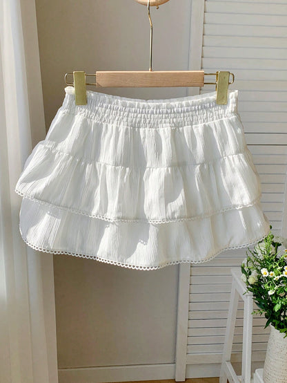 Comfortcana Skorts For Women Country Concert White Woven Women Elastic Waist Ruffle Hem A-Line Skirt Back-To-School Date Work School Autumn Fairy Cute