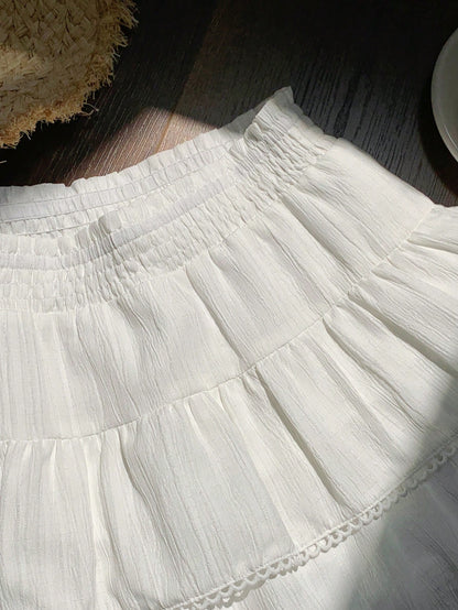 Comfortcana Skorts For Women Country Concert White Woven Women Elastic Waist Ruffle Hem A-Line Skirt Back-To-School Date Work School Autumn Fairy Cute