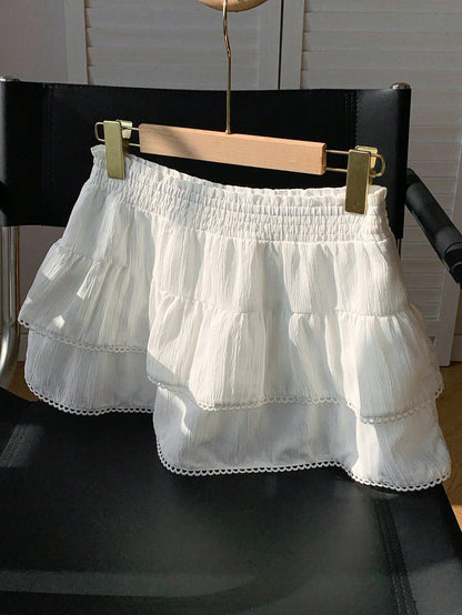 Comfortcana Skorts For Women Country Concert White Woven Women Elastic Waist Ruffle Hem A-Line Skirt Back-To-School Date Work School Autumn Fairy Cute