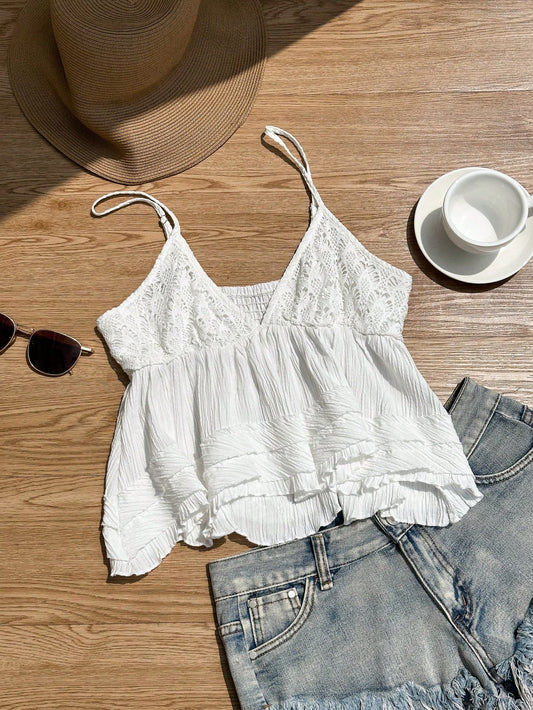 Comfortcana Summer Casual White Women Lace Panel Ruffle Hem Camisole Top