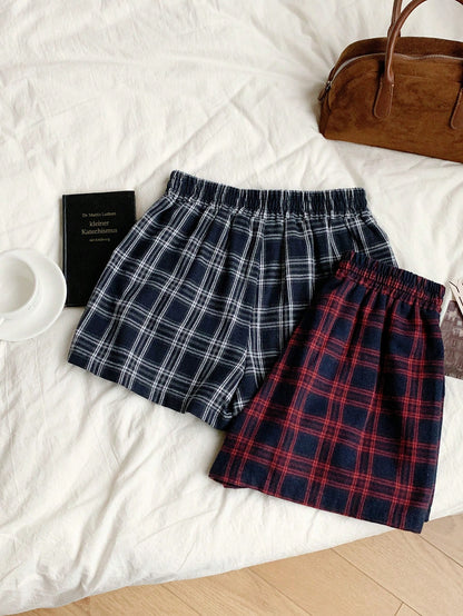 Comfortcana Two-Piece Set Casual Woven Plaid Wide Leg Shorts, Summer