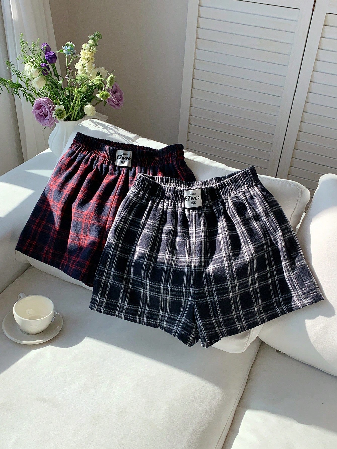 Comfortcana Two-Piece Set Casual Woven Plaid Wide Leg Shorts, Summer