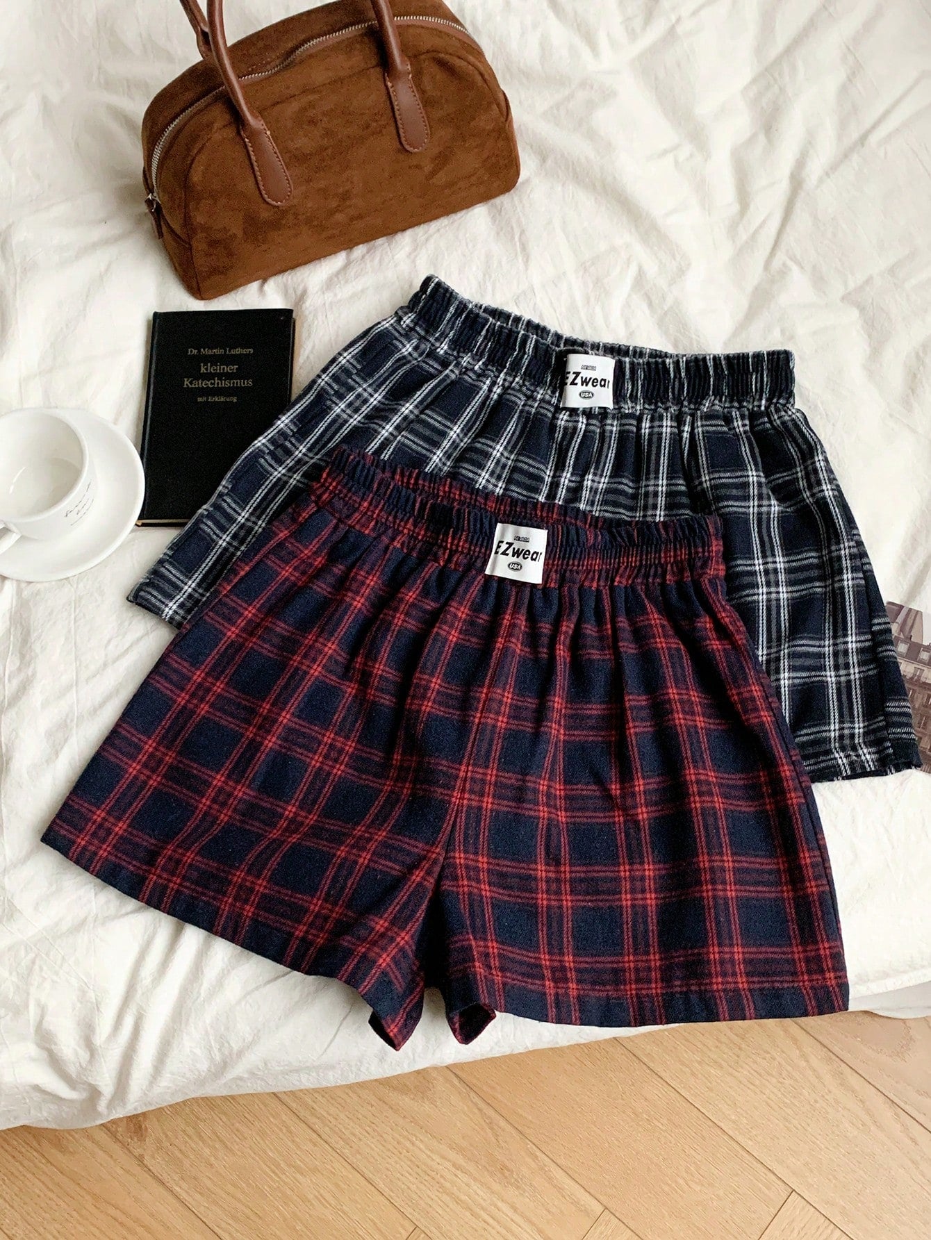 Comfortcana Two-Piece Set Casual Woven Plaid Wide Leg Shorts, Summer