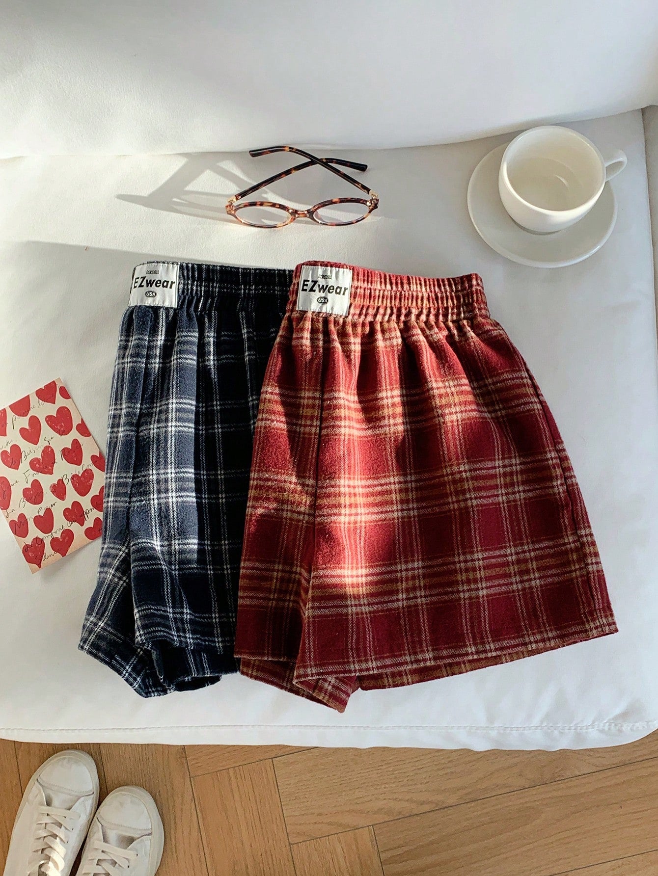 Comfortcana Two-Piece Set Casual Woven Plaid Wide Leg Shorts, Summer