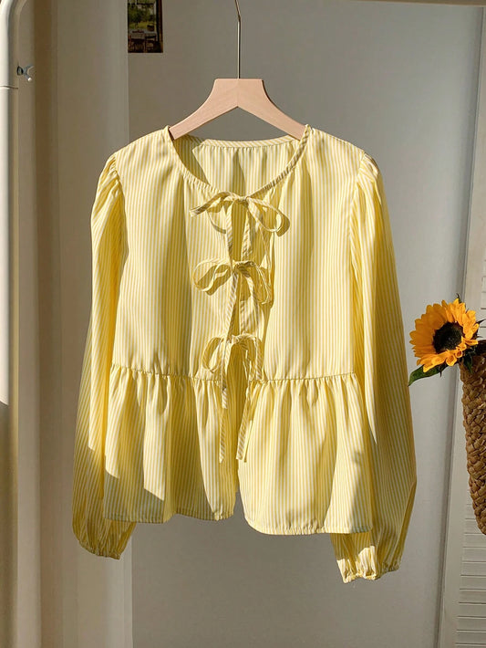 Comfortcana Women Front Tie Long Sleeve Pleated Striped Casual Top, Everyday Wear