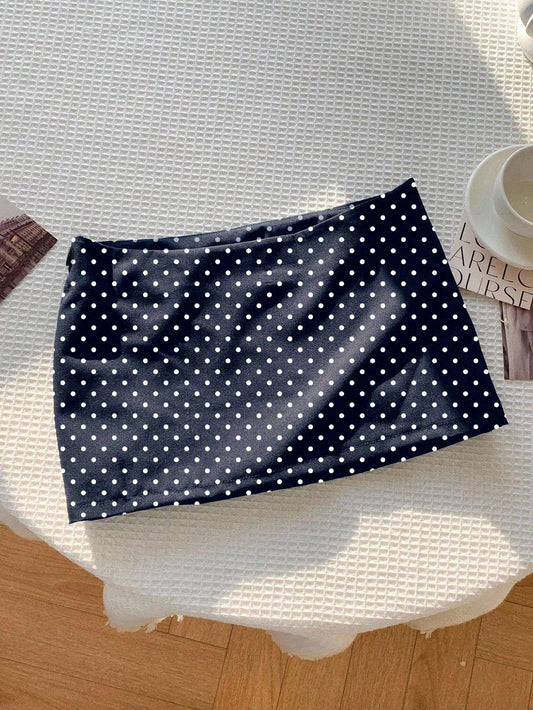 Comfortcana Women's Fashionable Sexy Polka Dot Print Mini Skirt Navy Blue