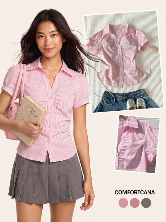 Comfortcana Women's Pink Stripe Short Puff Sleeve Single-Breasted Casual Cute Shirt, Summer For Women Back-To-School Brunch School