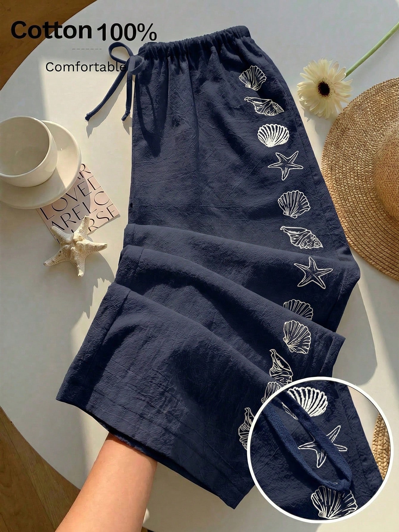 Comfortcana Women's Summer Drawstring Waist Starfish & Shell Print Casual Wide Leg Pants, Versatile Daily Wear, Spring, Navy Blue