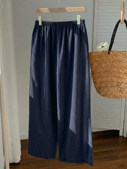 Comfortcana Women's Summer Drawstring Waist Starfish & Shell Print Casual Wide Leg Pants, Versatile Daily Wear, Spring, Navy Blue