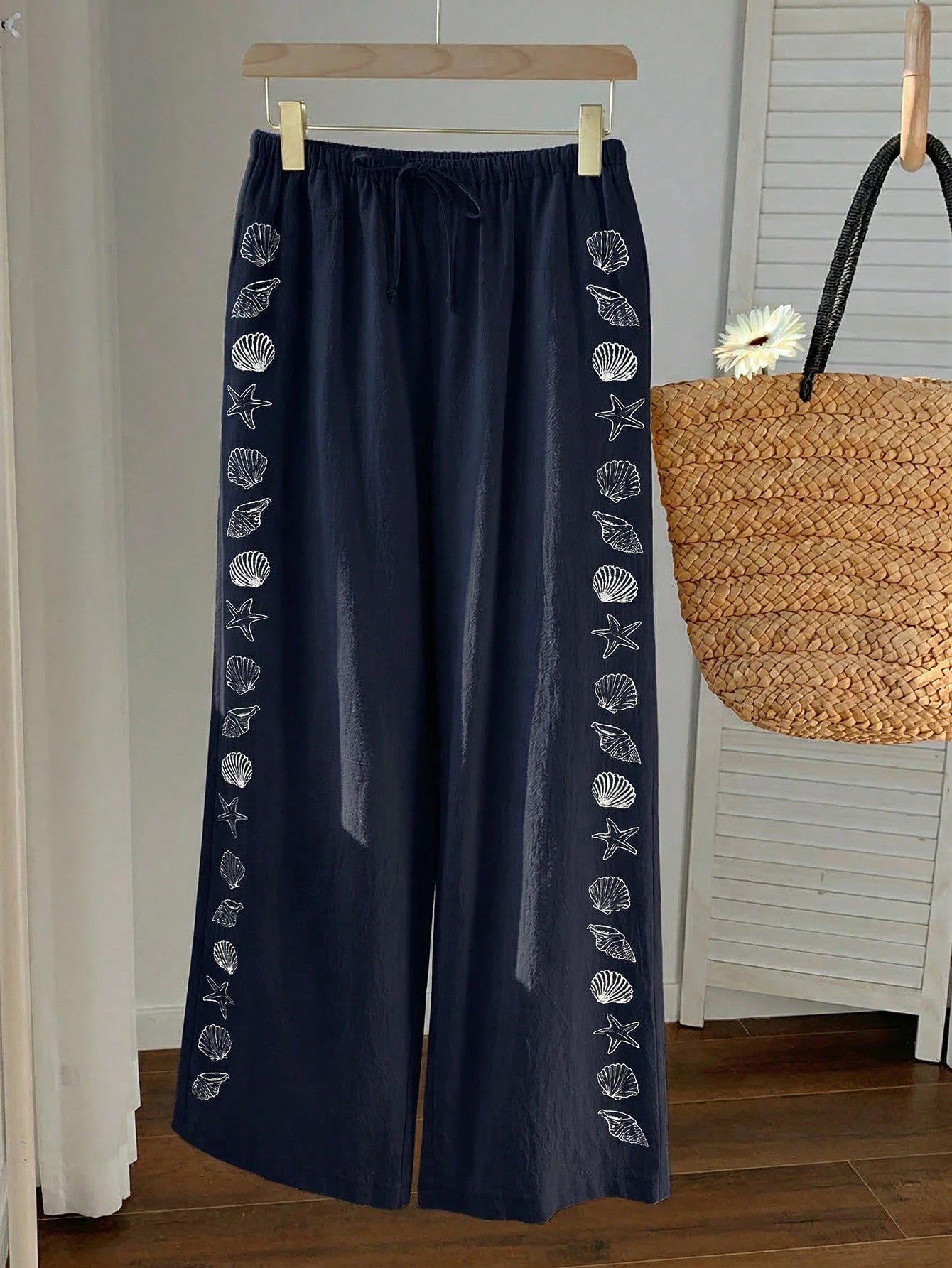 Comfortcana Women's Summer Drawstring Waist Starfish & Shell Print Casual Wide Leg Pants, Versatile Daily Wear, Spring, Navy Blue