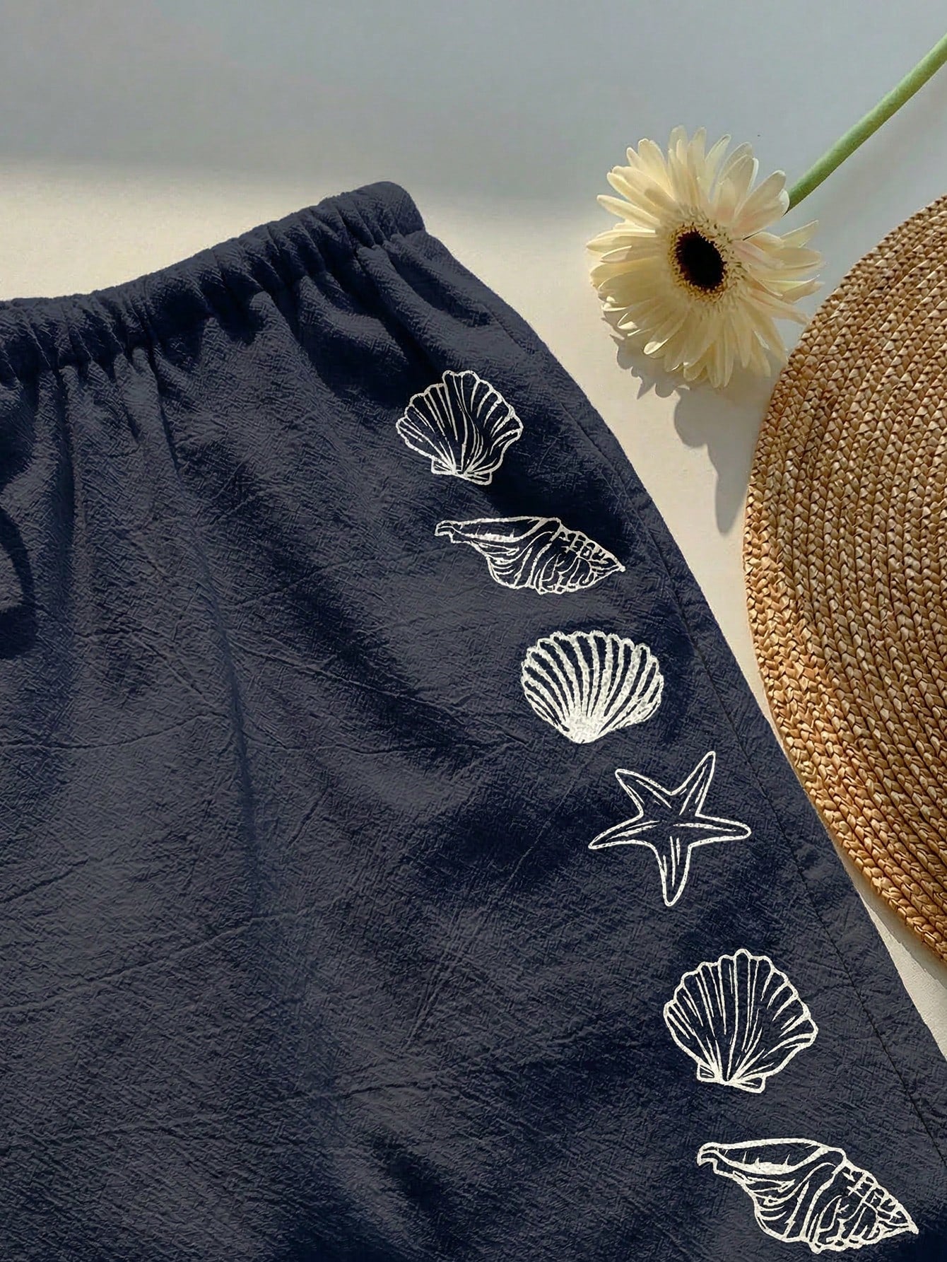 Comfortcana Women's Summer Drawstring Waist Starfish & Shell Print Casual Wide Leg Pants, Versatile Daily Wear, Spring, Navy Blue