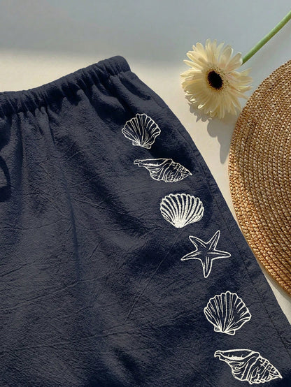 Comfortcana Women's Summer Drawstring Waist Starfish & Shell Print Casual Wide Leg Pants, Versatile Daily Wear, Spring, Navy Blue