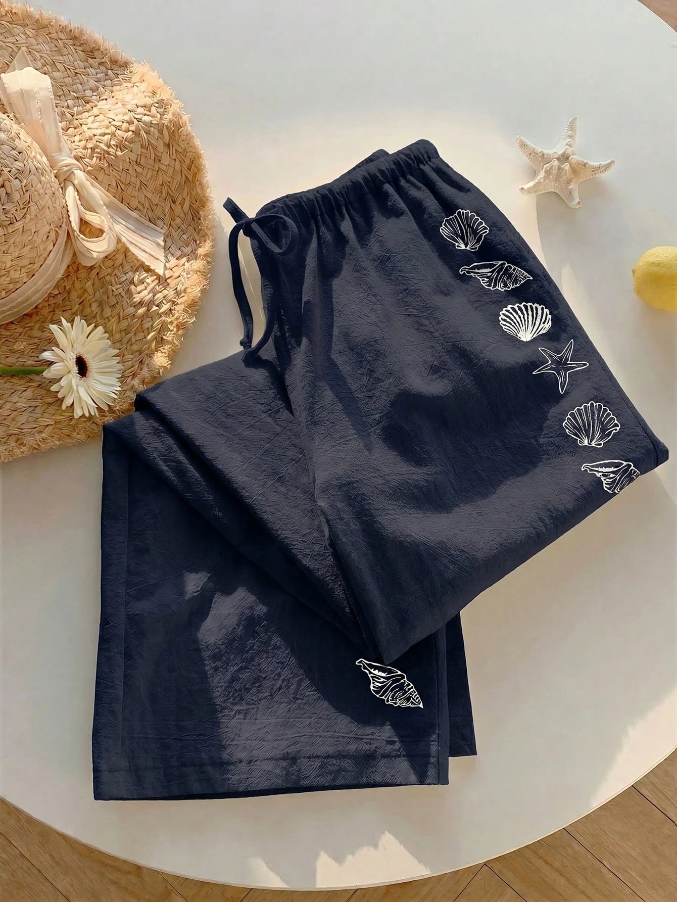 Comfortcana Women's Summer Drawstring Waist Starfish & Shell Print Casual Wide Leg Pants, Versatile Daily Wear, Spring, Navy Blue