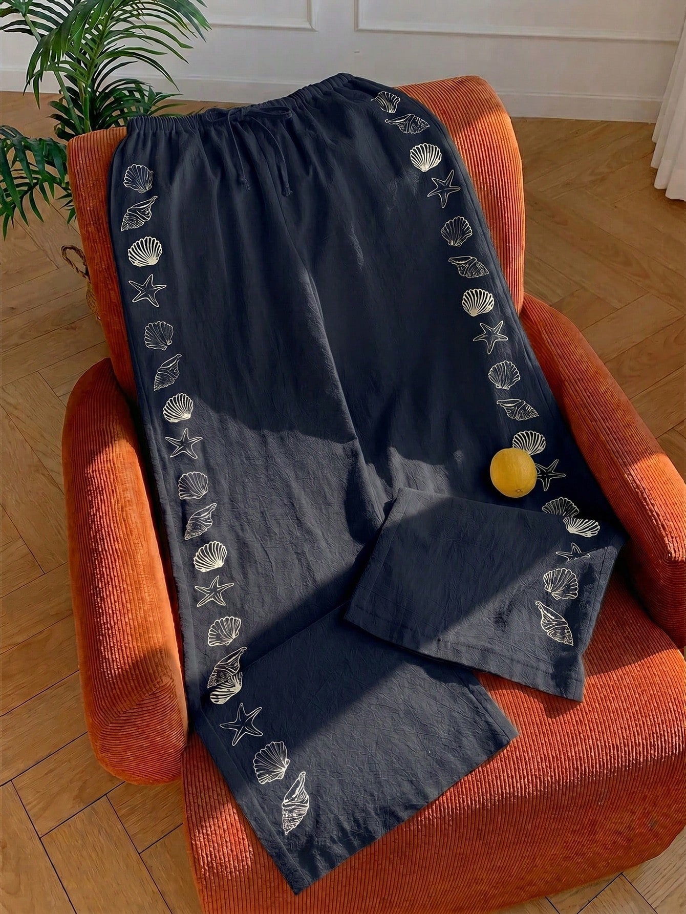 Comfortcana Women's Summer Drawstring Waist Starfish & Shell Print Casual Wide Leg Pants, Versatile Daily Wear, Spring, Navy Blue