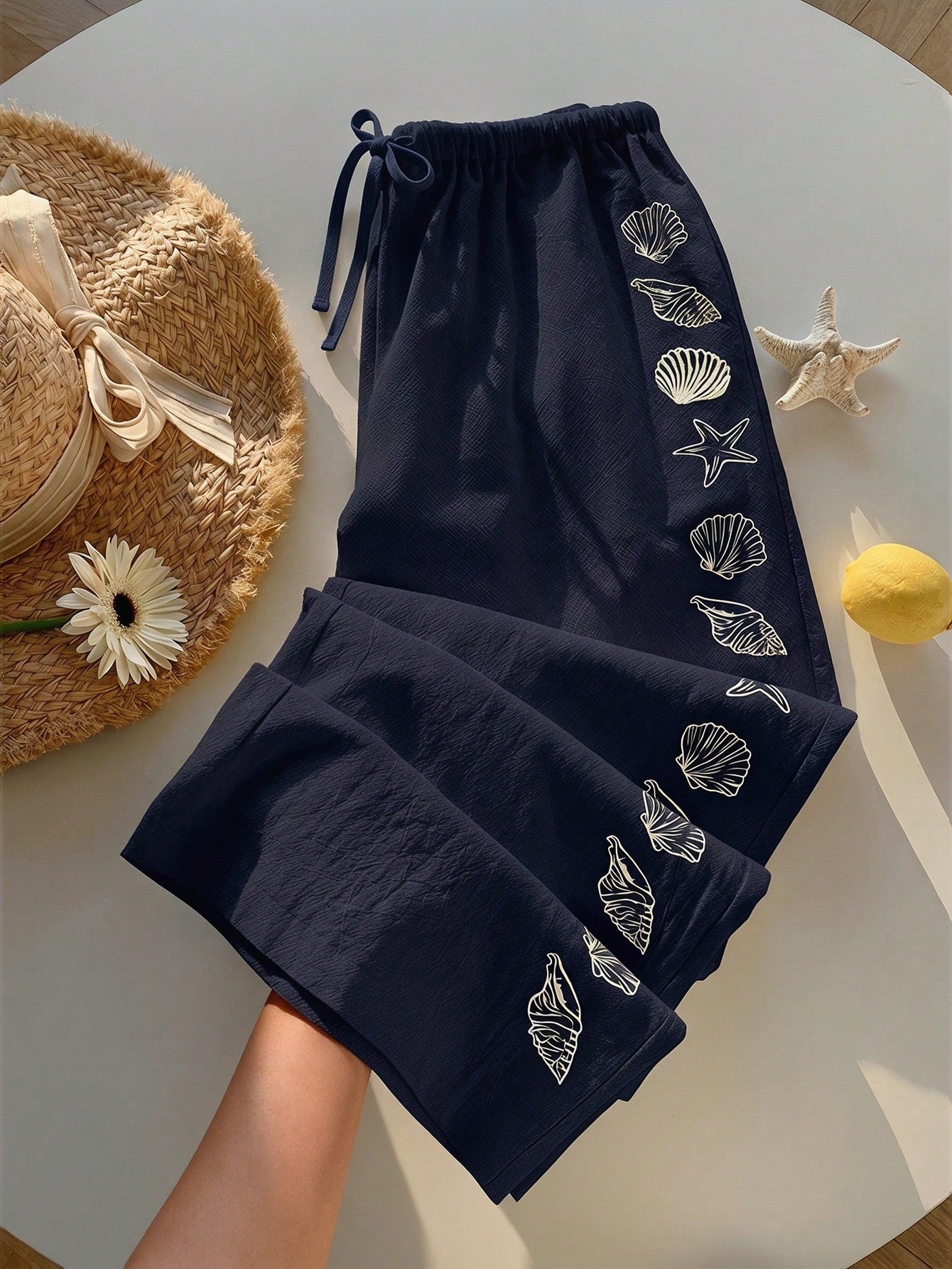 Comfortcana Women's Summer Drawstring Waist Starfish & Shell Print Casual Wide Leg Pants, Versatile Daily Wear, Spring, Navy Blue