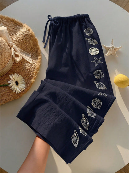 Comfortcana Women's Summer Drawstring Waist Starfish & Shell Print Casual Wide Leg Pants, Versatile Daily Wear, Spring, Navy Blue