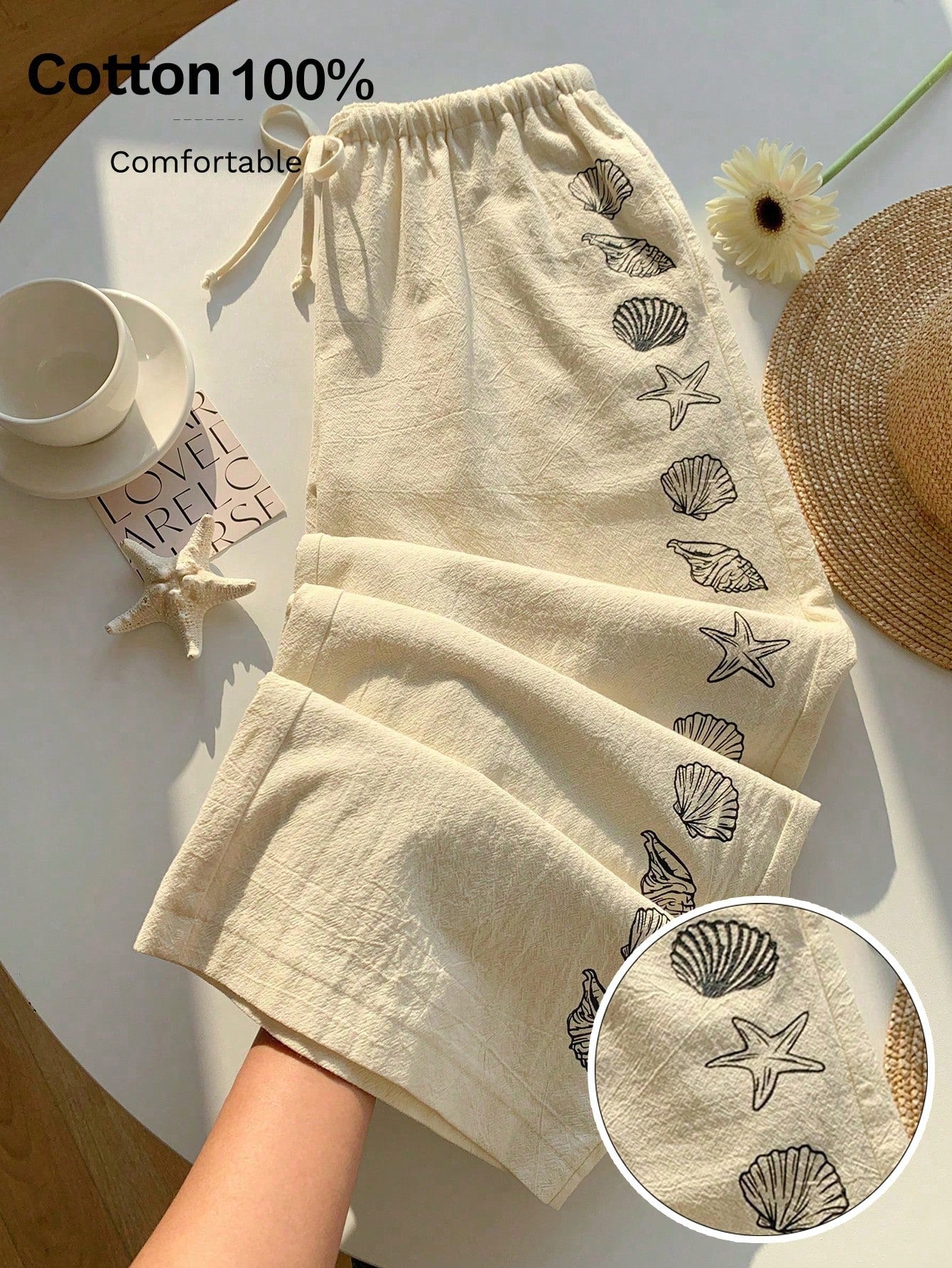 Comfortcana Women's Summer Drawstring Waist Starfish & Shell Print Casual Wide Leg Pants, Versatile Daily Wear, Spring, Navy Blue