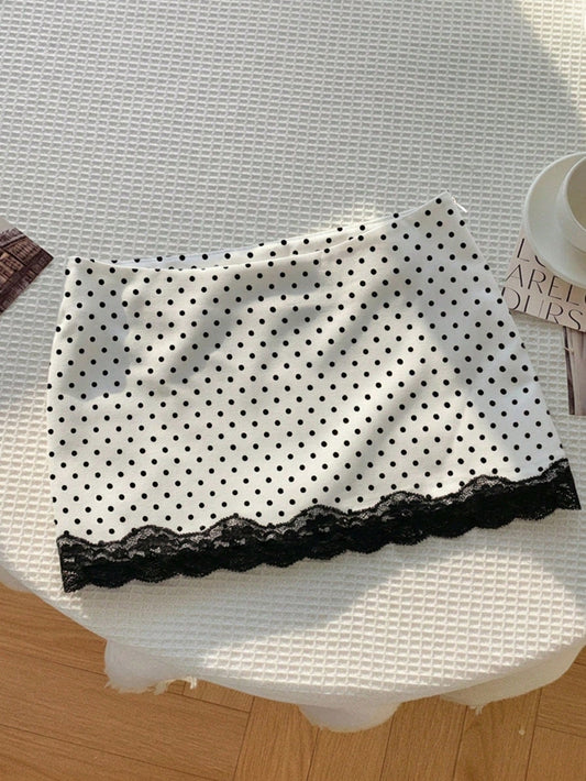 Comfortcana Women's White And Black Polka Dot Print Lace Patchwork Versatile Mini Skirt Holiday Bithday Autumn Frenchy Cute