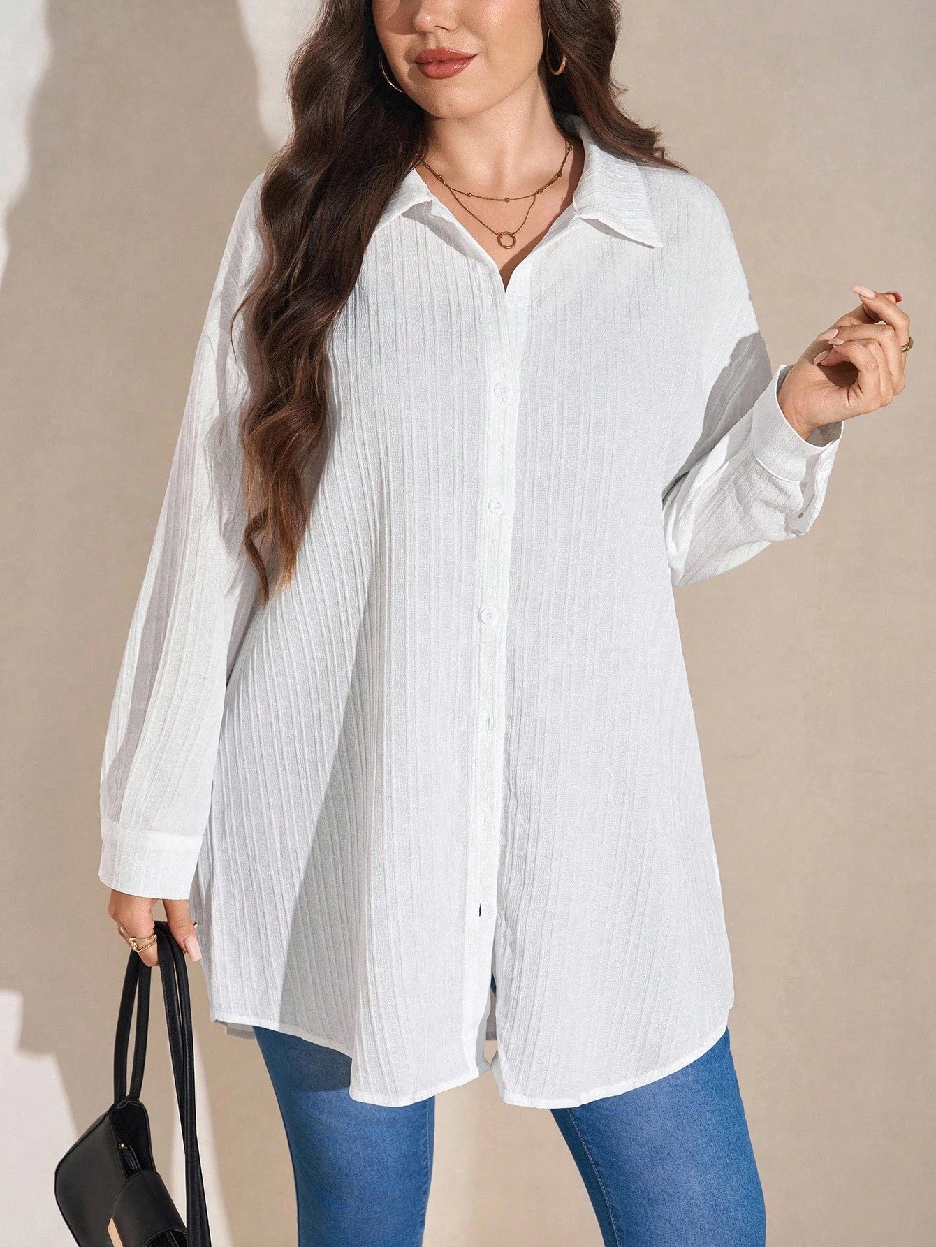 Comfylo Winter Clothes Textured Casual Plus Size Solid Color Summer Long Sleeve Blouse Shirt Fall