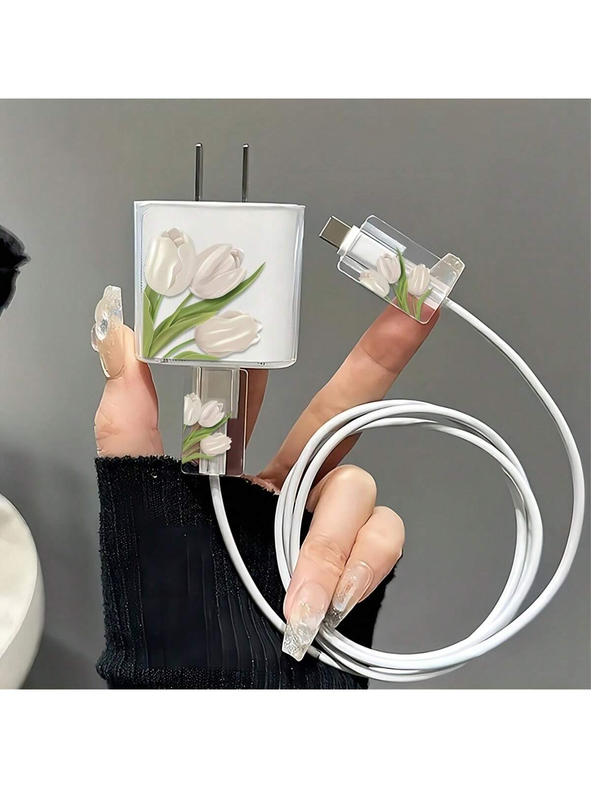 Compatible With 16 Pro Max Daisy Apple Charger Protector Case, High-End 15 Pro 30W Fast Charging Adapter Head Protective Cover, Lovely 13 Data Cable Winding Rope Anti-Breaking Compatible With IPhone 1