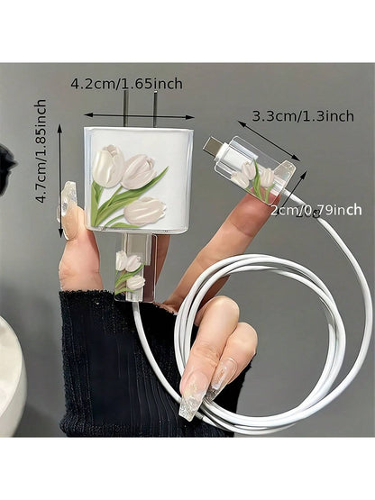 Compatible With 16 Pro Max Daisy Apple Charger Protector Case, High-End 15 Pro 30W Fast Charging Adapter Head Protective Cover, Lovely 13 Data Cable Winding Rope Anti-Breaking Compatible With IPhone 1