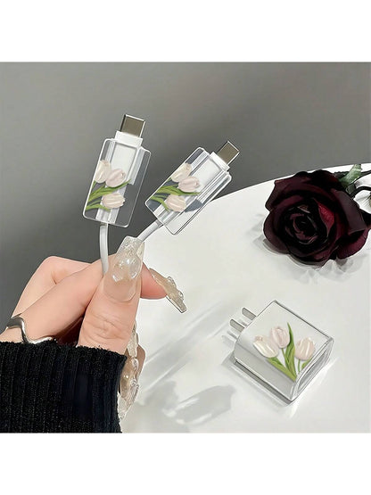 Compatible With 16 Pro Max Daisy Apple Charger Protector Case, High-End 15 Pro 30W Fast Charging Adapter Head Protective Cover, Lovely 13 Data Cable Winding Rope Anti-Breaking Compatible With IPhone 1