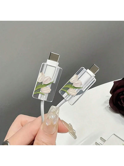 Compatible With 16 Pro Max Daisy Apple Charger Protector Case, High-End 15 Pro 30W Fast Charging Adapter Head Protective Cover, Lovely 13 Data Cable Winding Rope Anti-Breaking Compatible With IPhone 1