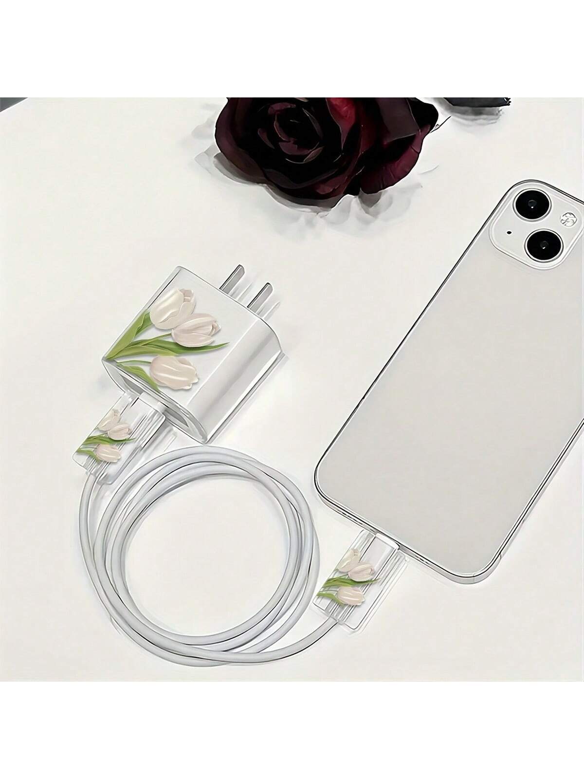 Compatible With 16 Pro Max Daisy Apple Charger Protector Case, High-End 15 Pro 30W Fast Charging Adapter Head Protective Cover, Lovely 13 Data Cable Winding Rope Anti-Breaking Compatible With IPhone 1